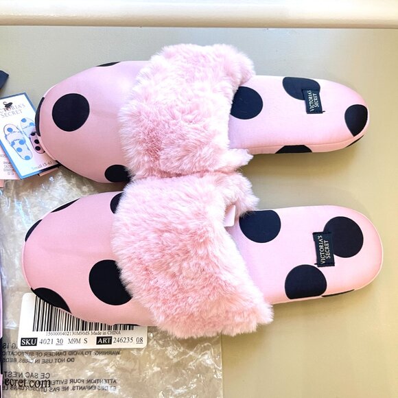 New Victoria's Secret Slippers Small 5 6 Pink Black Dot Satin Faux Fur NWT - Picture 4 of 10